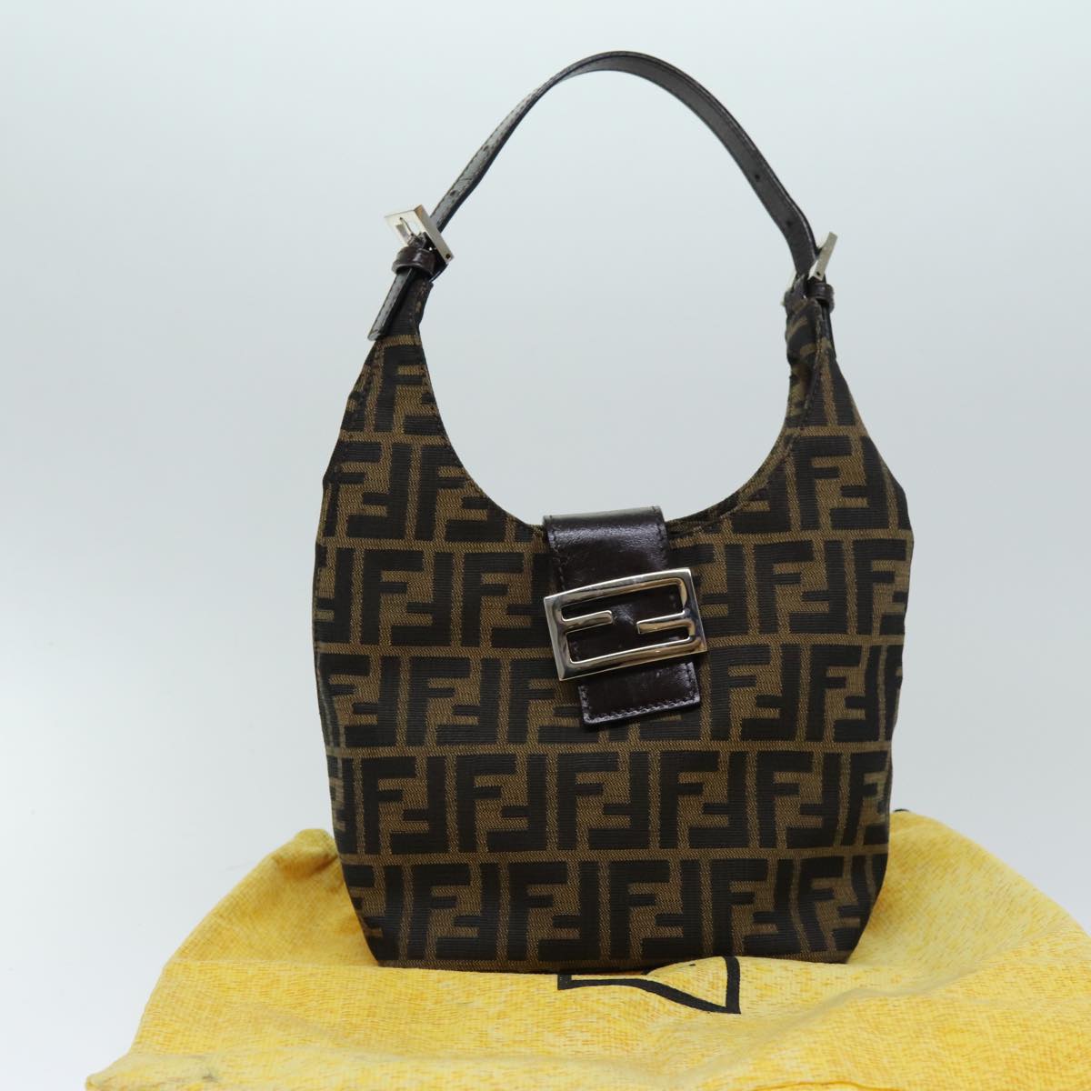 FENDI Zucca Canvas Mamma Baguette Shoulder Bag Black Brown Auth 76559