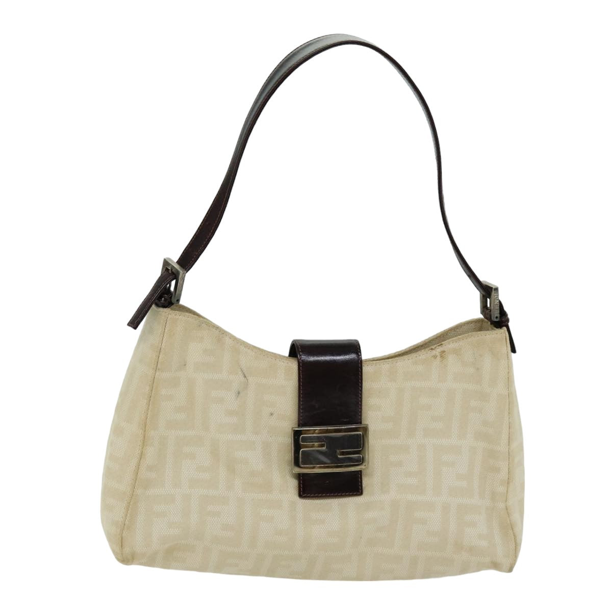 FENDI Zucca Canvas Mamma Baguette Shoulder Bag Beige Auth 76561