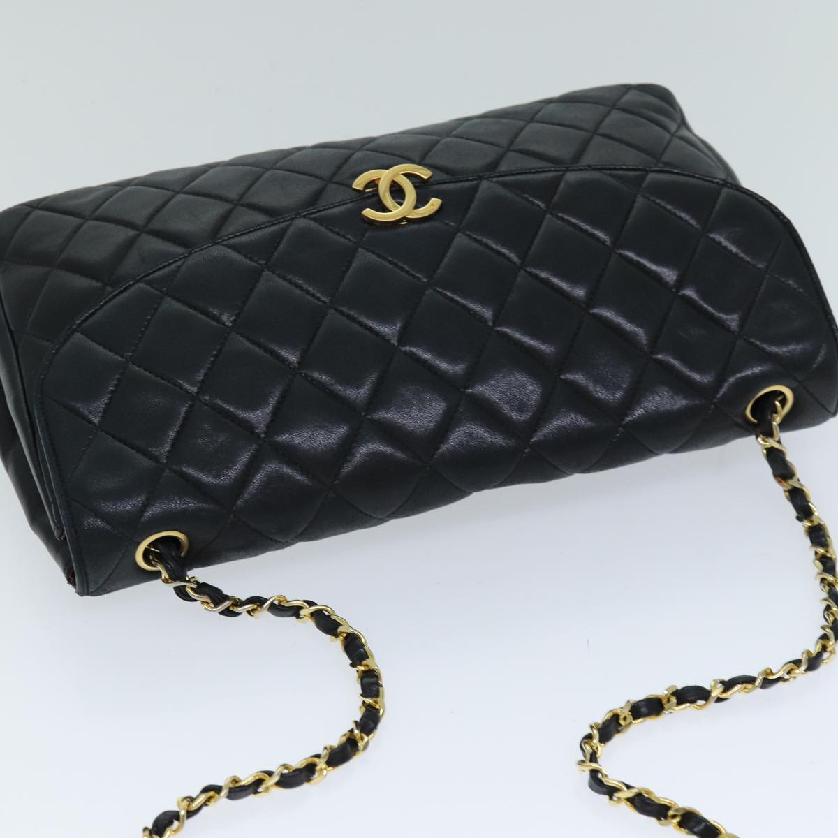 CHANEL Matelasse Chain Shoulder Bag Lamb Skin Black CC Auth 76568