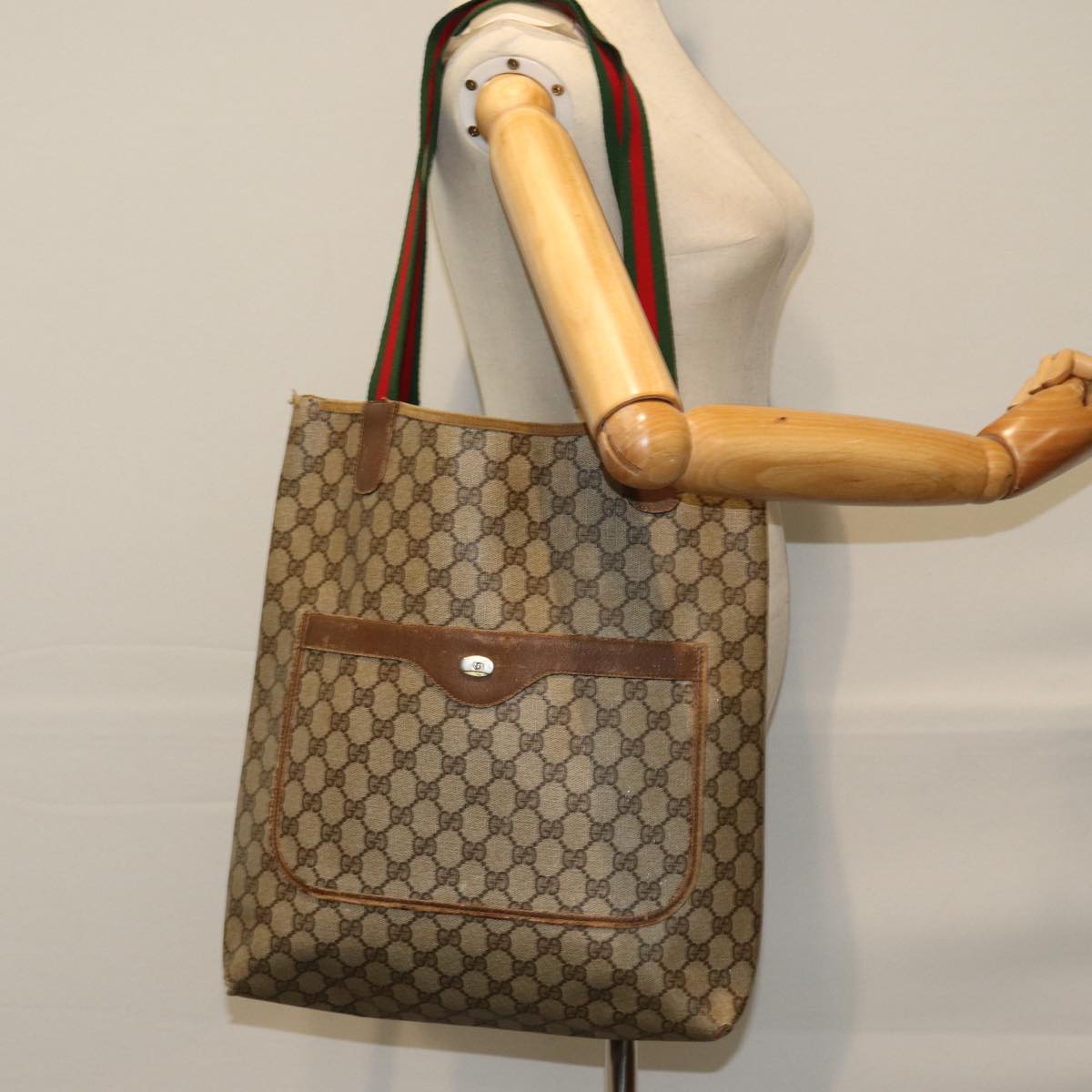 GUCCI GG Supreme Web Sherry Line Tote Bag PCVLeather Beige 39 02 003 Auth 76578