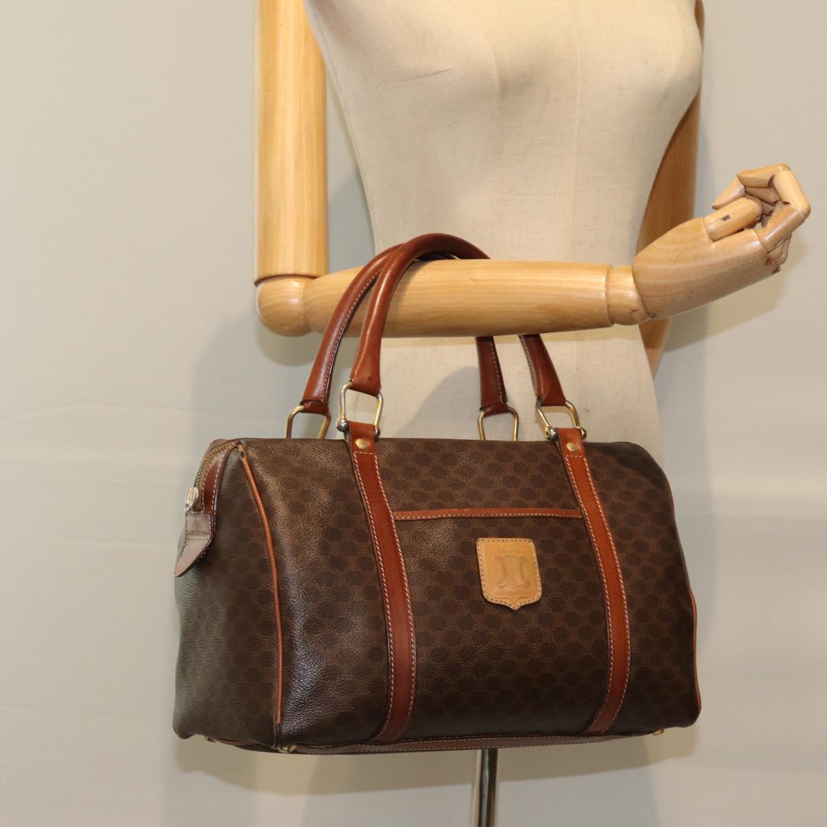 CELINE Macadam Canvas Boston Bag PVC Leather Brown Auth 76580