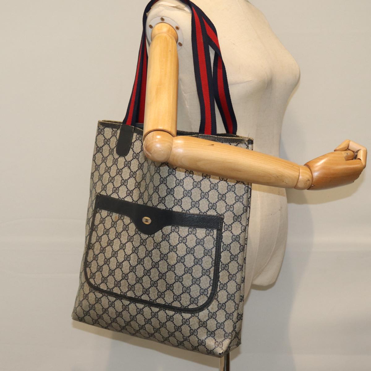 GUCCI GG Supreme Sherry Line Tote Bag PCVLeather Red Navy 120 02 003 Auth 76588