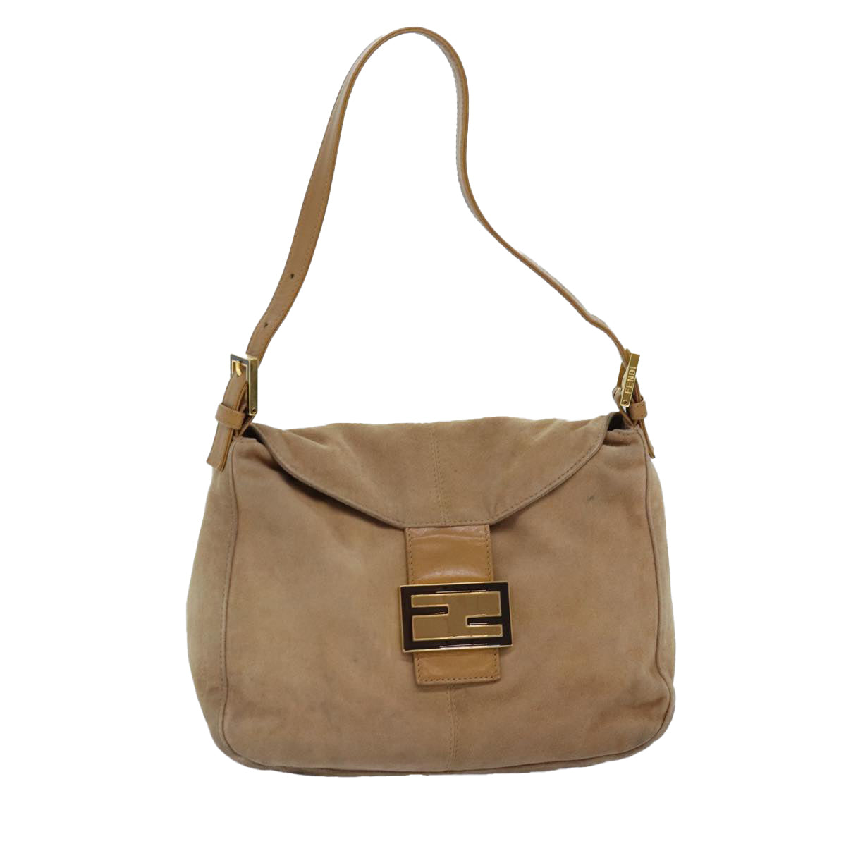 FENDI Mamma Baguette Shoulder Bag Suede Beige Auth 76610