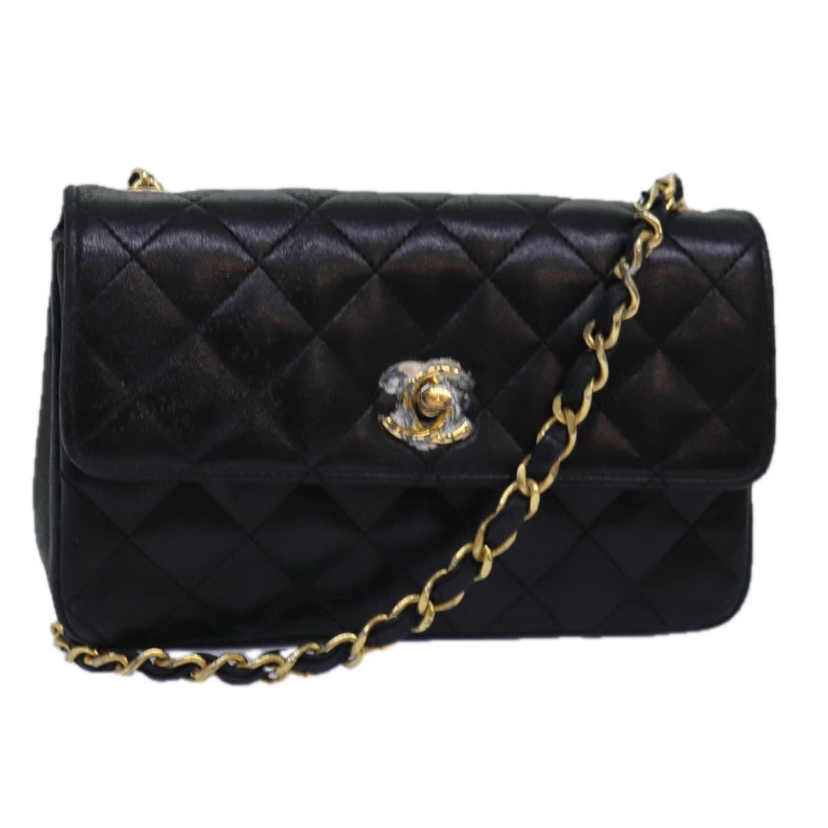 CHANEL Matelasse Chain Shoulder Bag Lamb Skin Black CC Auth 76613