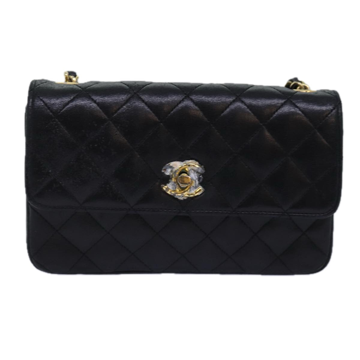 CHANEL Matelasse Chain Shoulder Bag Lamb Skin Black CC Auth 76613