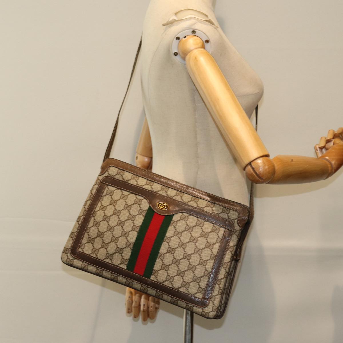 GUCCI GG Supreme Web Sherry Line Shoulder Bag PVC Beige 904 02 013 Auth 76634