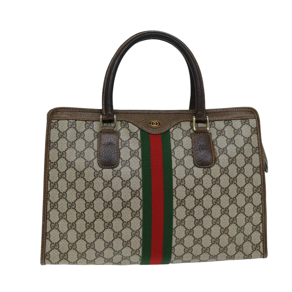 GUCCI GG Supreme Web Sherry Line Hand Bag PVC Beige Red Green Auth 76635