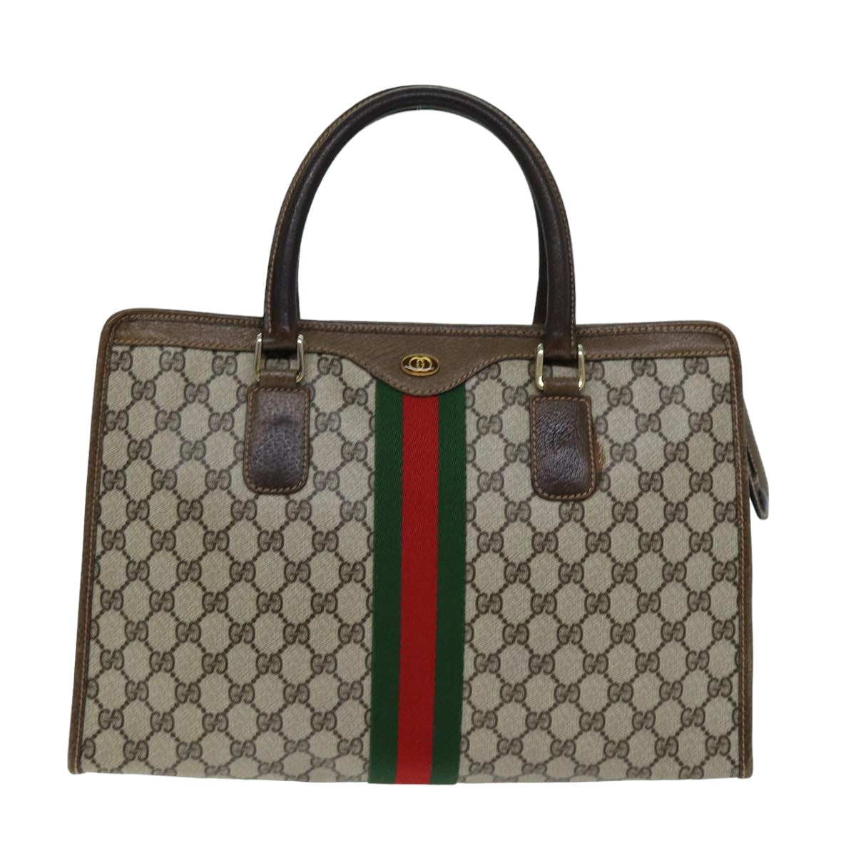 GUCCI GG Supreme Web Sherry Line Hand Bag PVC Beige Red Green Auth 76635