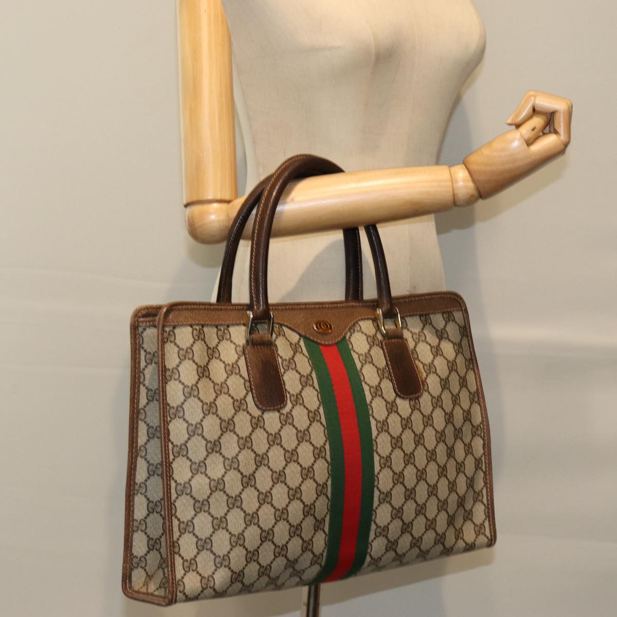 GUCCI GG Supreme Web Sherry Line Hand Bag PVC Beige Red Green Auth 76635