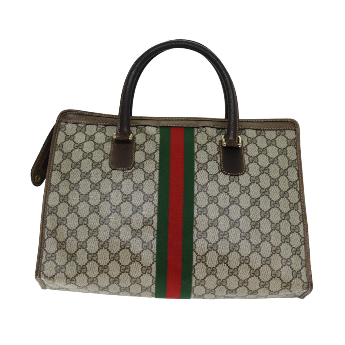 GUCCI GG Supreme Web Sherry Line Hand Bag PVC Beige Red Green Auth 76635 - 0