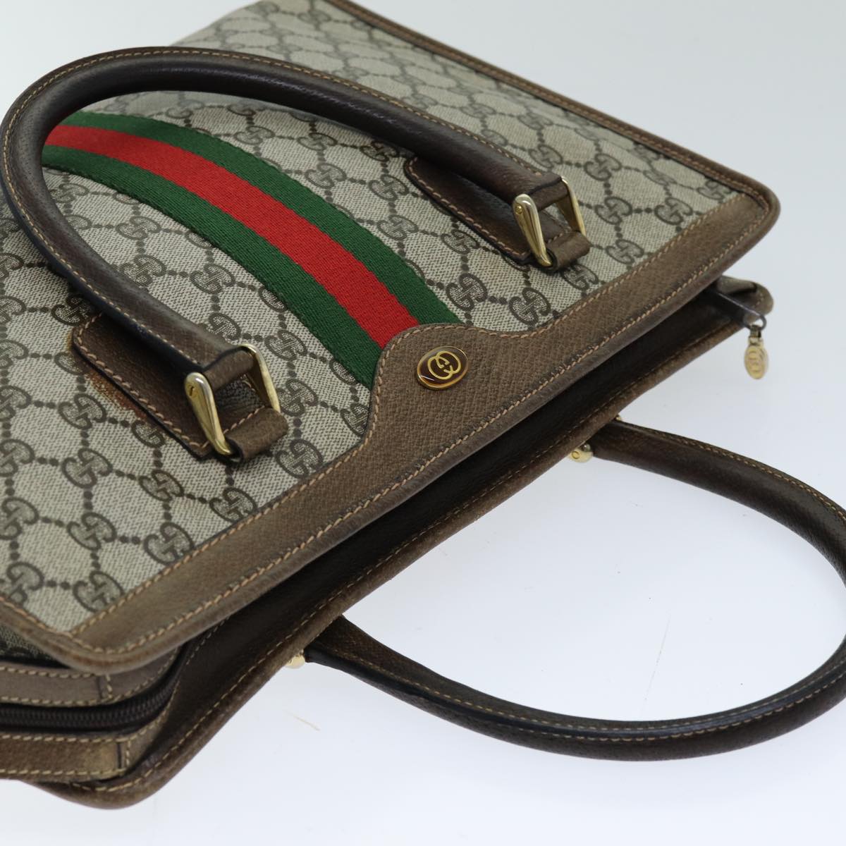 GUCCI GG Supreme Web Sherry Line Hand Bag PVC Beige Red Green Auth 76635