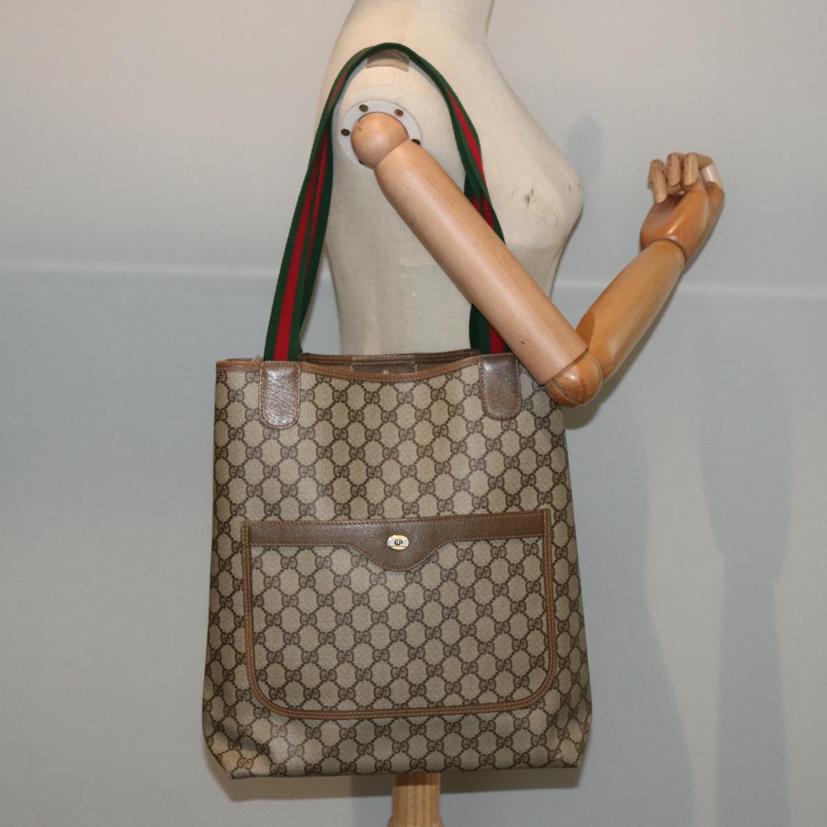 GUCCI GG Supreme Web Sherry Line Tote Bag PVC Leather Beige 39 02 003 Auth 76636