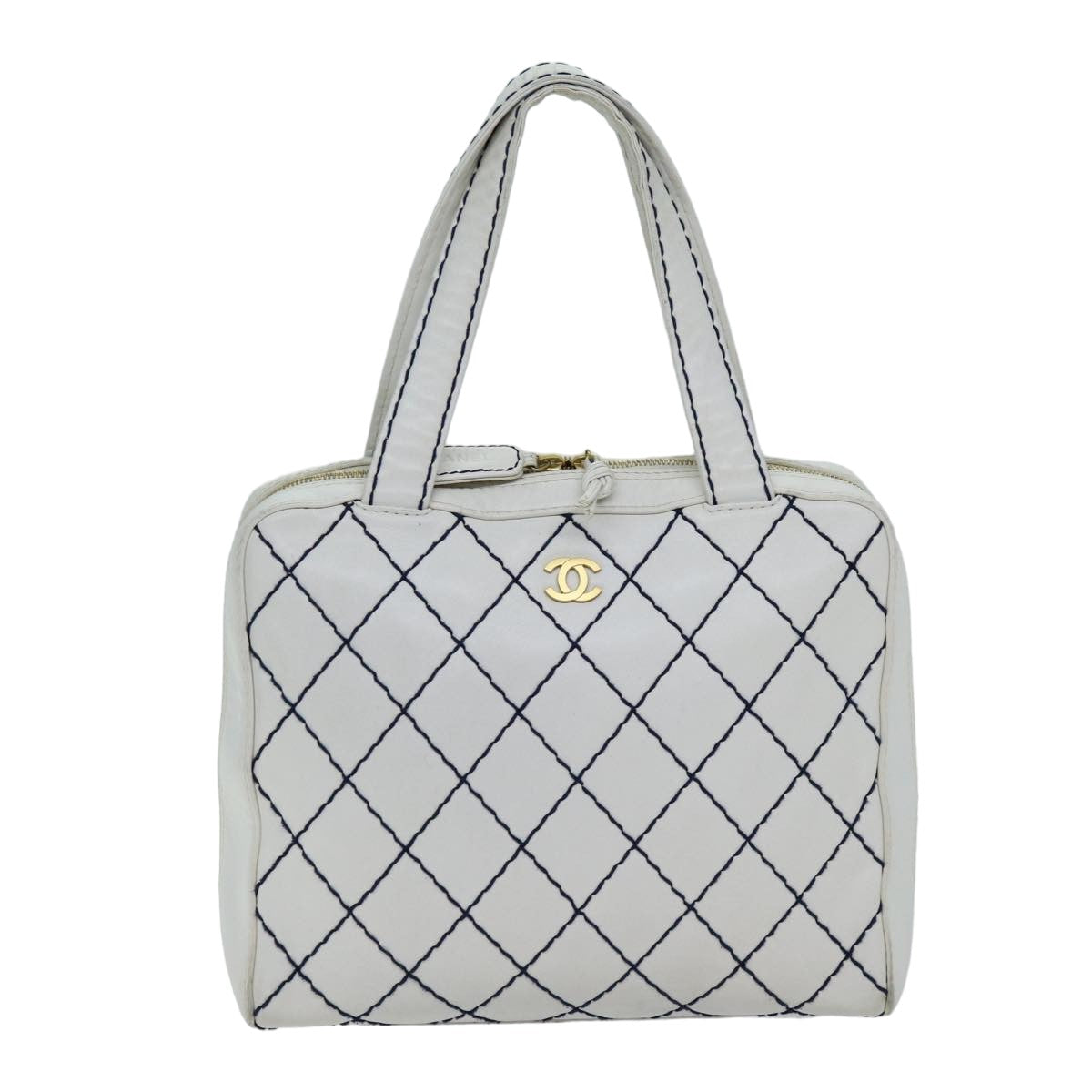 CHANEL Wild Stitch Hand Bag Leather White CC Auth 76642