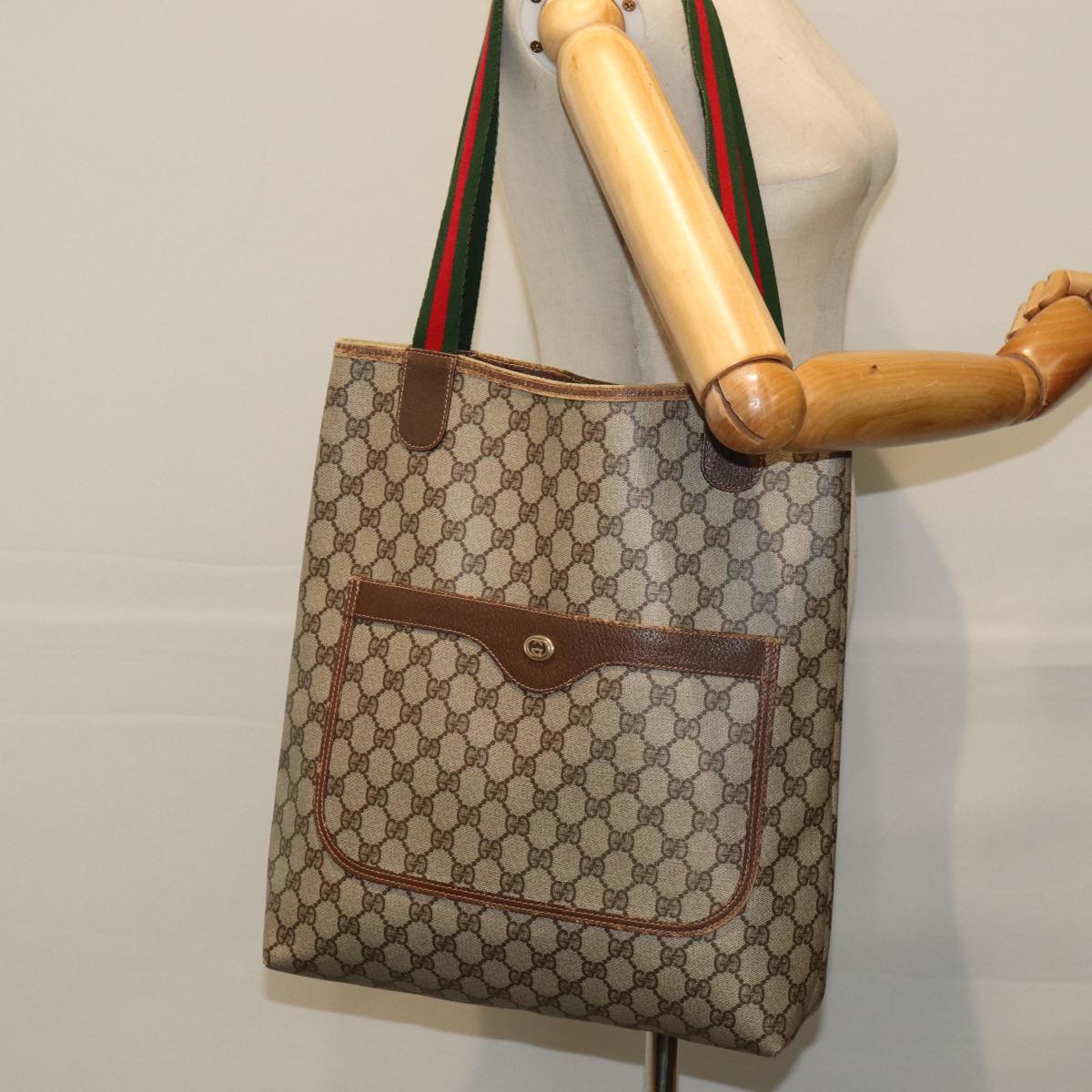 GUCCI GG Supreme Web Sherry Line Tote Bag PVC Beige Red 40 02 003 Auth 76659