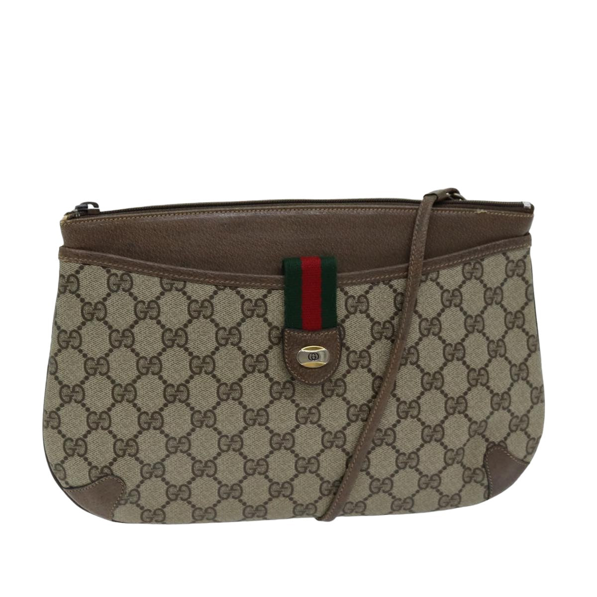 GUCCI GG Supreme Web Sherry Line Shoulder Bag PVC Leather Beige Auth 76697