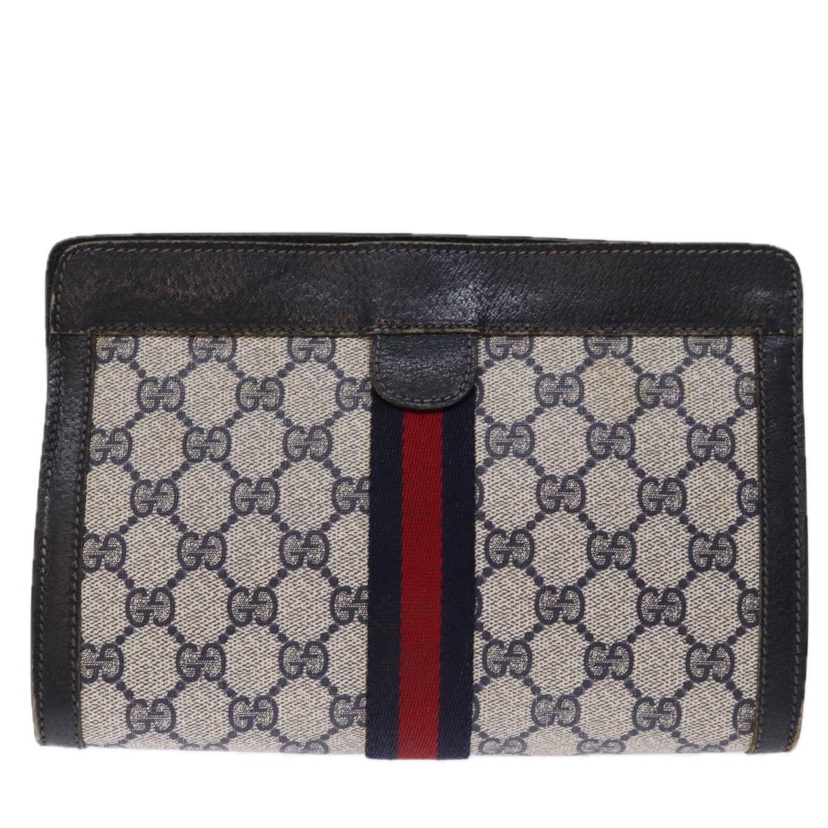 GUCCI GG Supreme Sherry Line Clutch Bag PVC Navy Red 89 01 001 Auth 76698