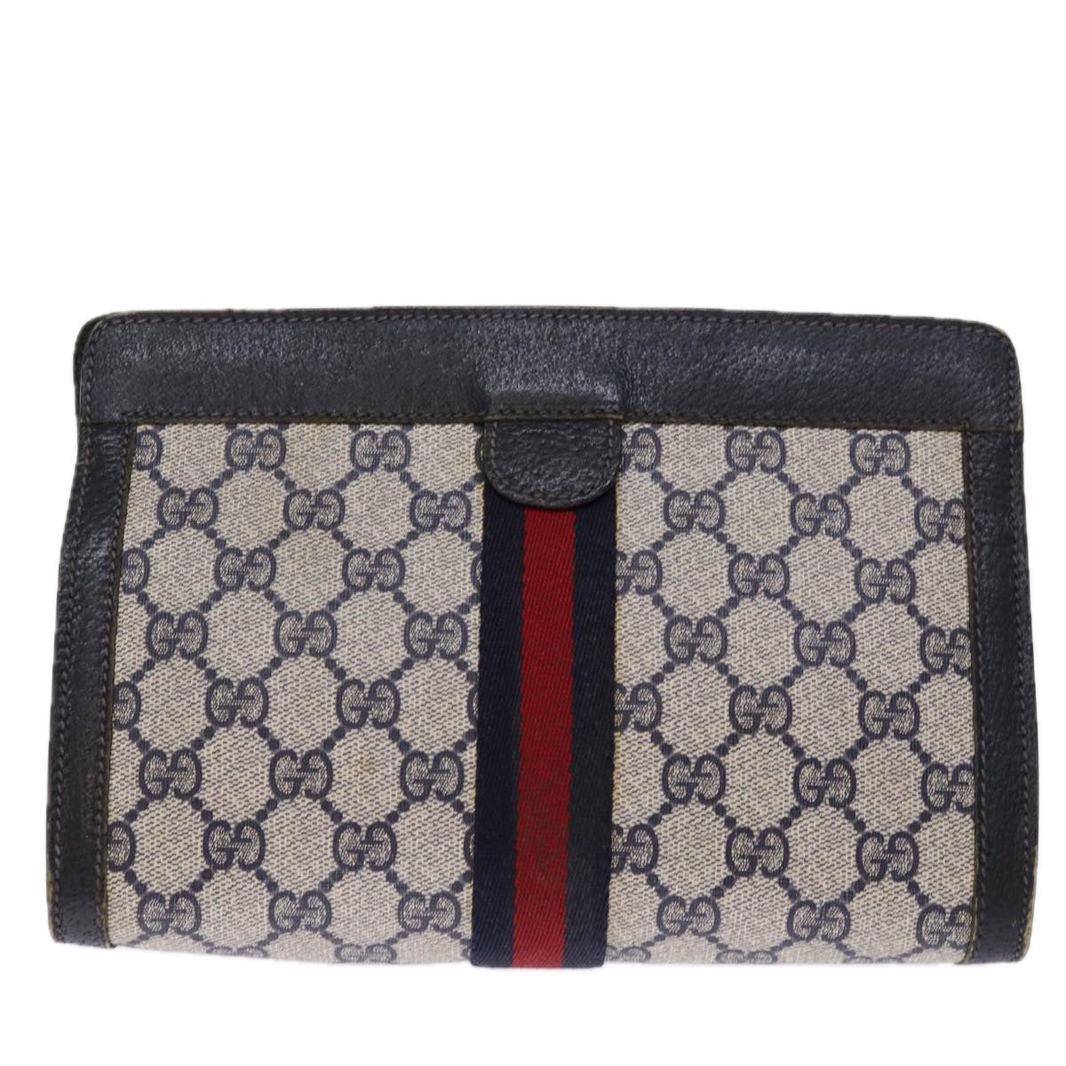 GUCCI GG Supreme Sherry Line Clutch Bag PVC Navy Red 89 01 001 Auth 76698 - 0