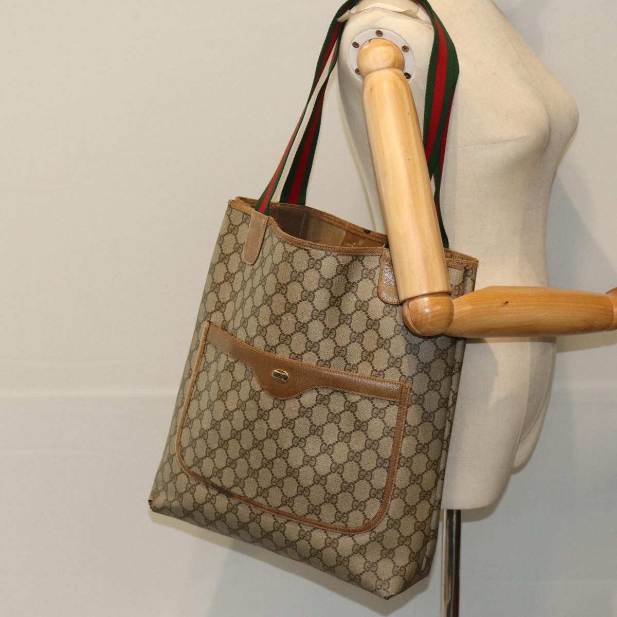 GUCCI GG Supreme Web Sherry Line Tote Bag PCVLeather Beige 39 02 003 Auth 76718