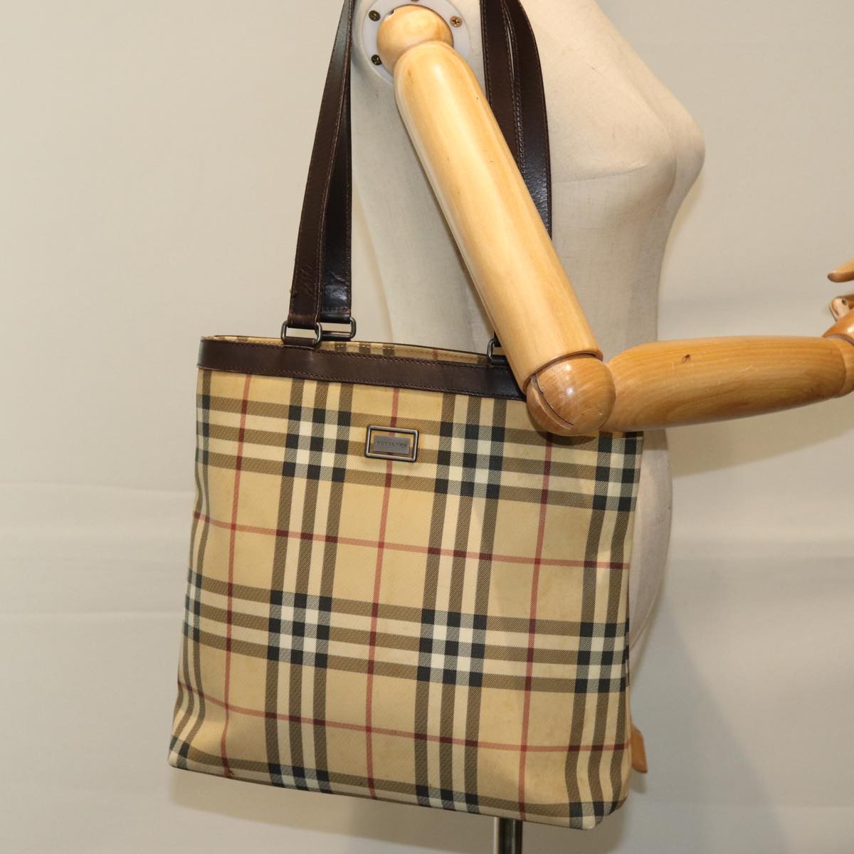 BURBERRY Nova Check Tote Bag Canvas Beige Dark Brown Auth 76724