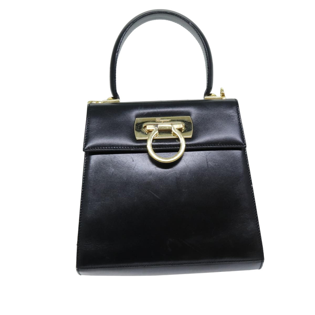 Salvatore Ferragamo Gancini Hand Bag Leather Black Auth 76730