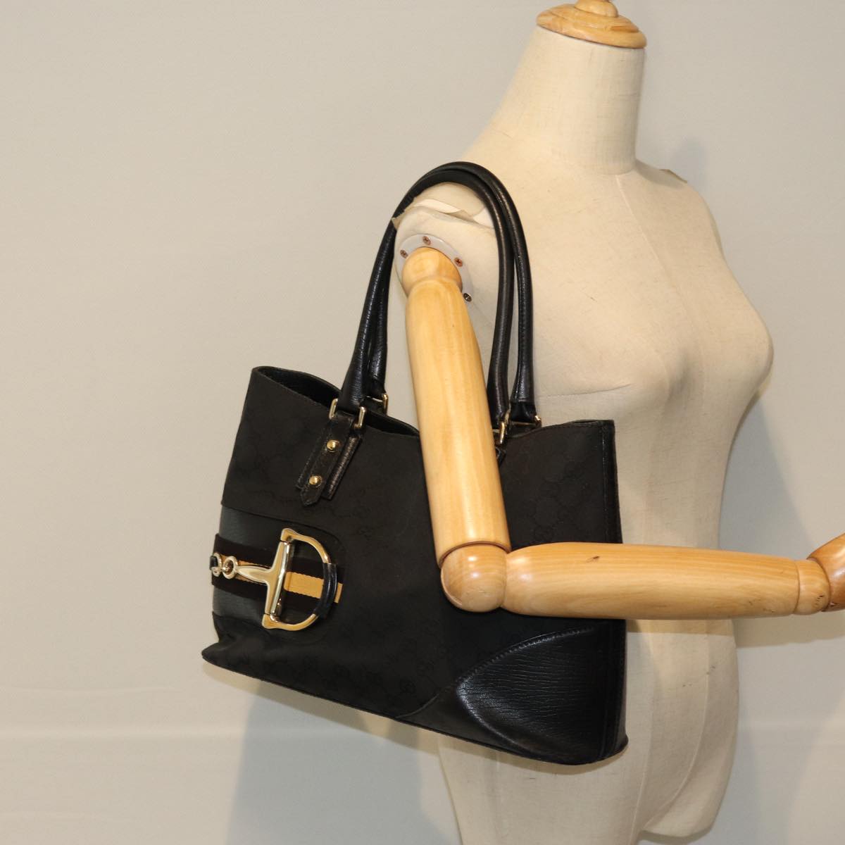 GUCCI Horsebit GG Canvas Hand Bag Black 137385 Auth 76810