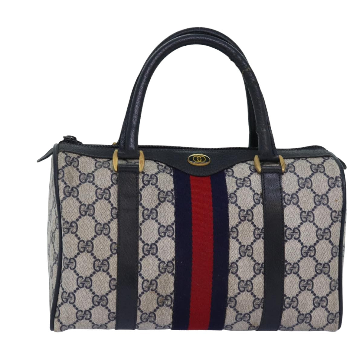 GUCCI GG Supreme Sherry Line Boston Bag PVC Navy Red 39 02 006 Auth 76811