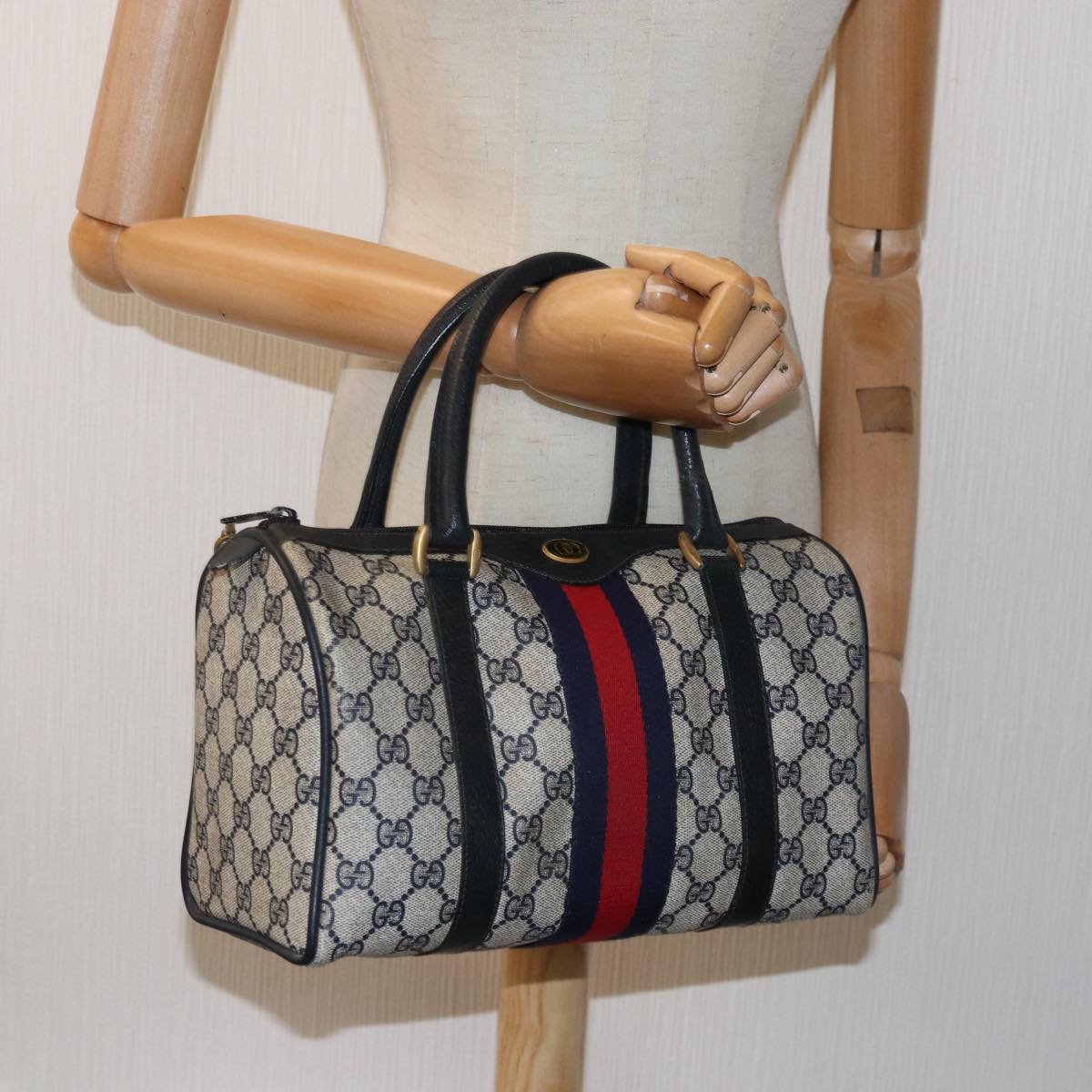 GUCCI GG Supreme Sherry Line Boston Bag PVC Navy Red 39 02 006 Auth 76811