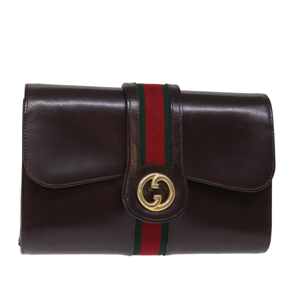 GUCCI Web Sherry Line Clutch Bag Leather Brown Red Green Auth 76830