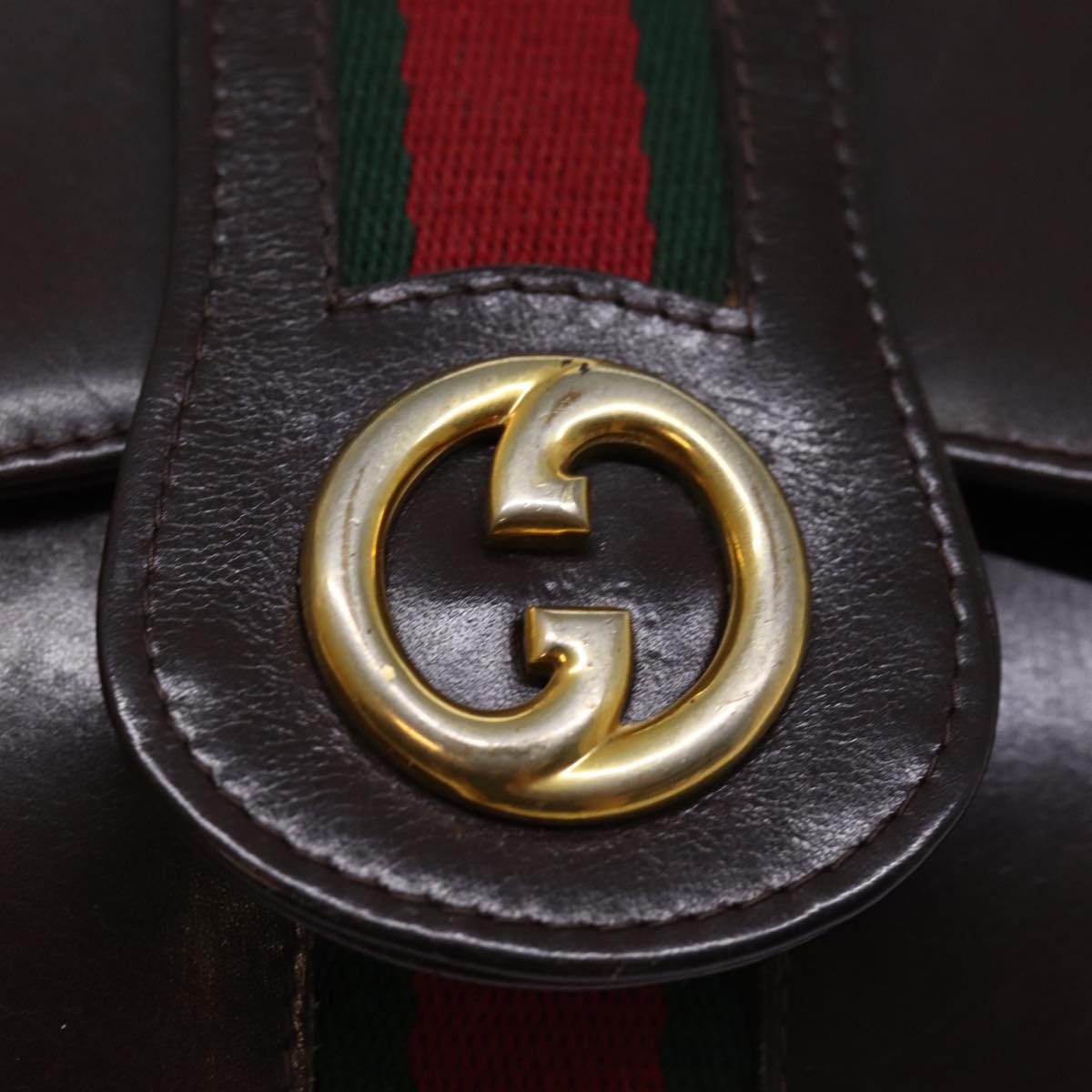 GUCCI Web Sherry Line Clutch Bag Leather Brown Red Green Auth 76830