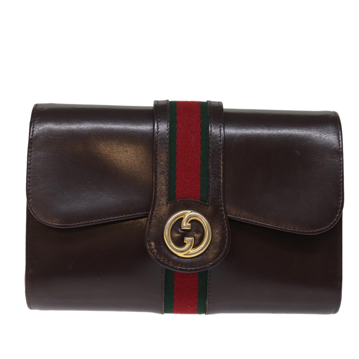 GUCCI Web Sherry Line Clutch Bag Leather Brown Red Green Auth 76830