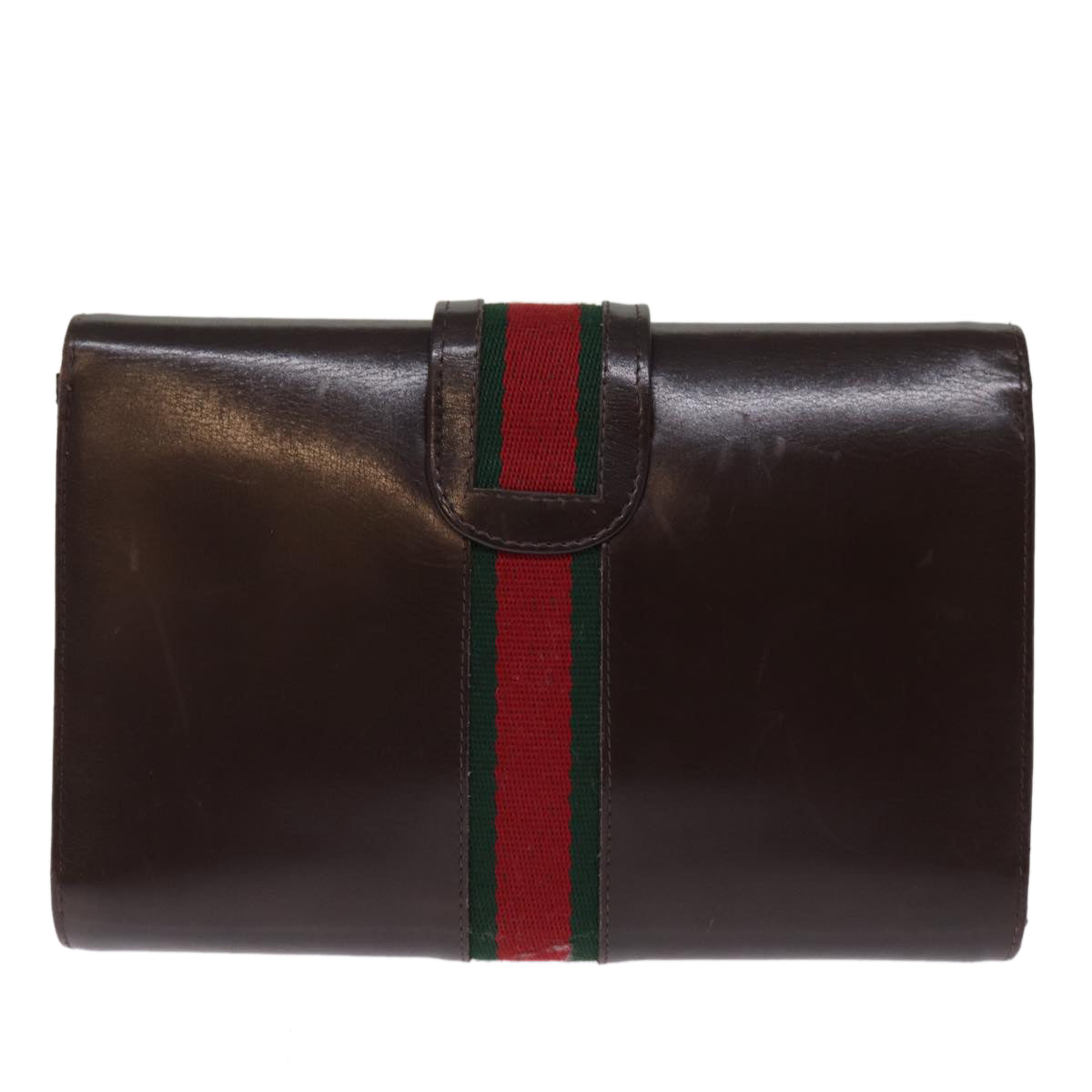 GUCCI Web Sherry Line Clutch Bag Leather Brown Red Green Auth 76830 - 0