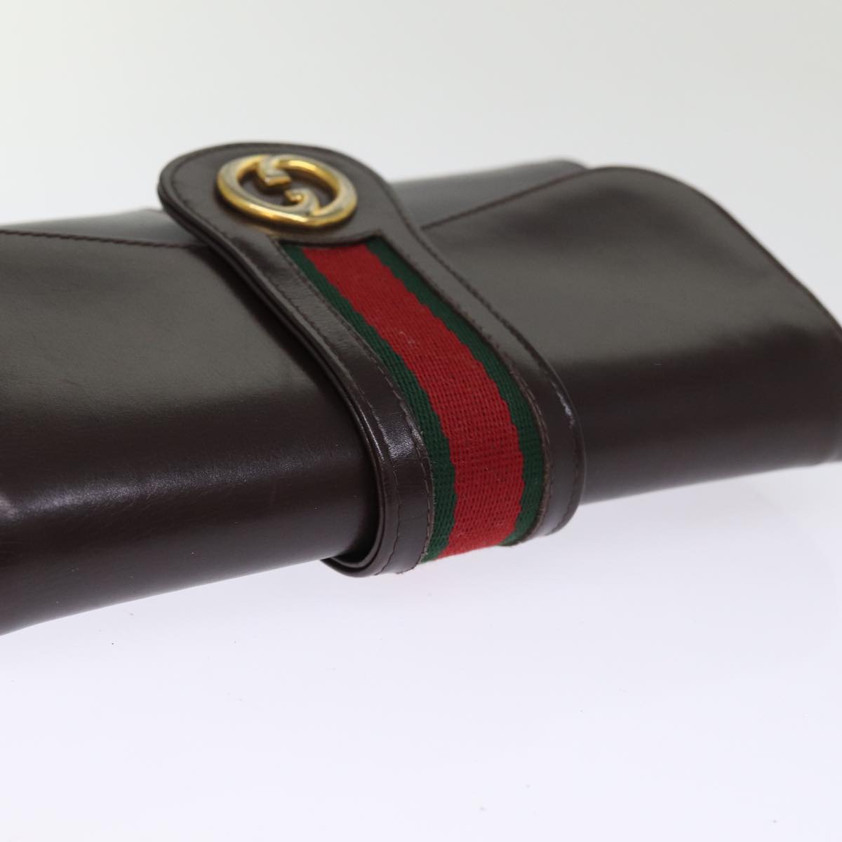 GUCCI Web Sherry Line Clutch Bag Leather Brown Red Green Auth 76830