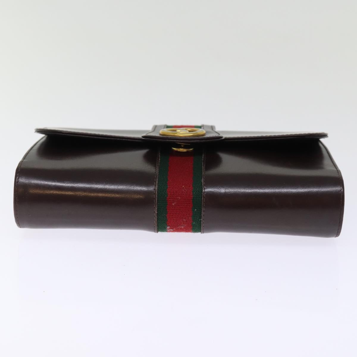 GUCCI Web Sherry Line Clutch Bag Leather Brown Red Green Auth 76830