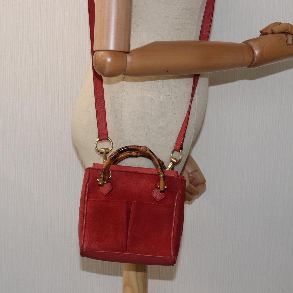 GUCCI Bamboo Hand Bag Suede 2way Red 007 123 0238 Auth 76831