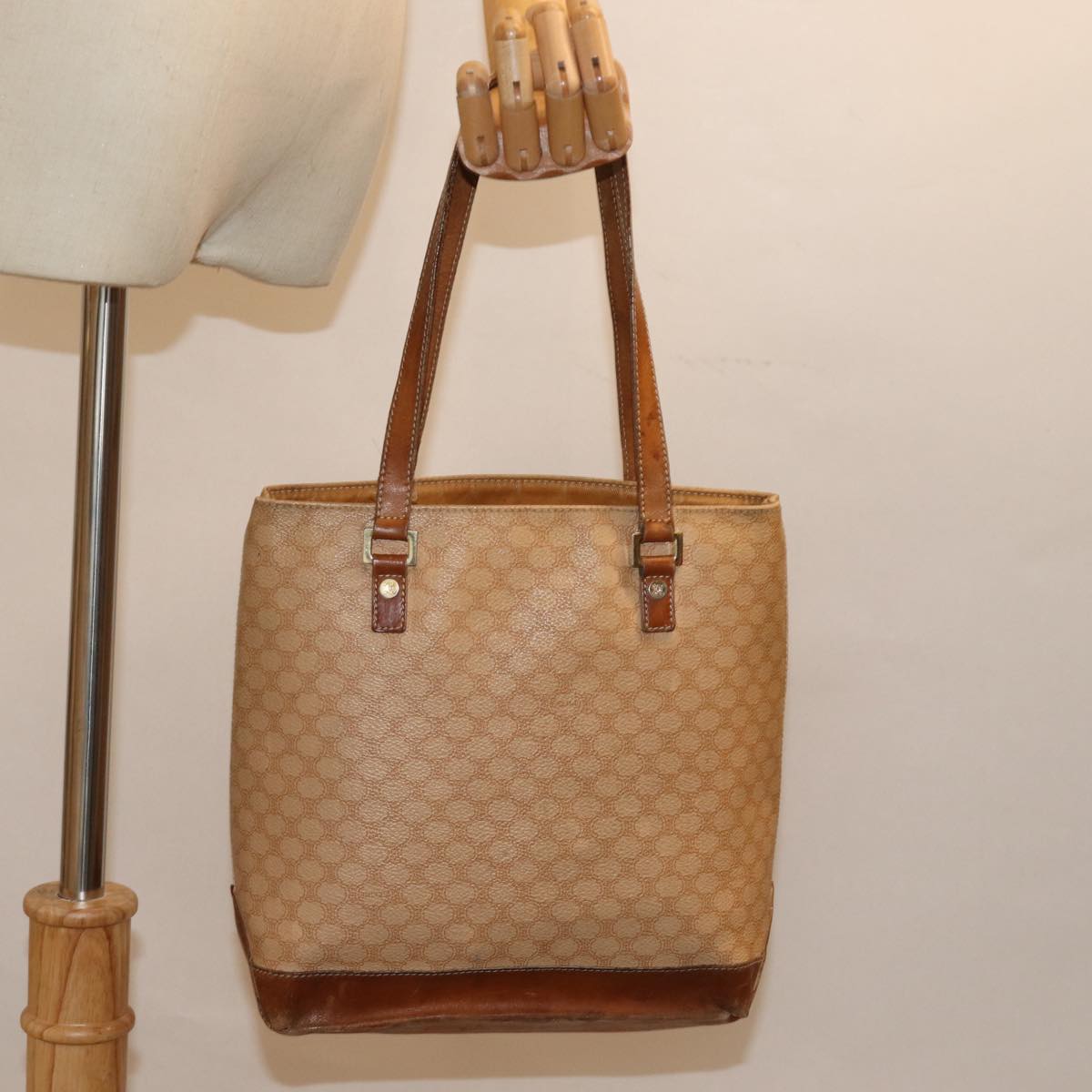 CELINE Macadam Canvas Hand Bag PVC Beige Auth 76834