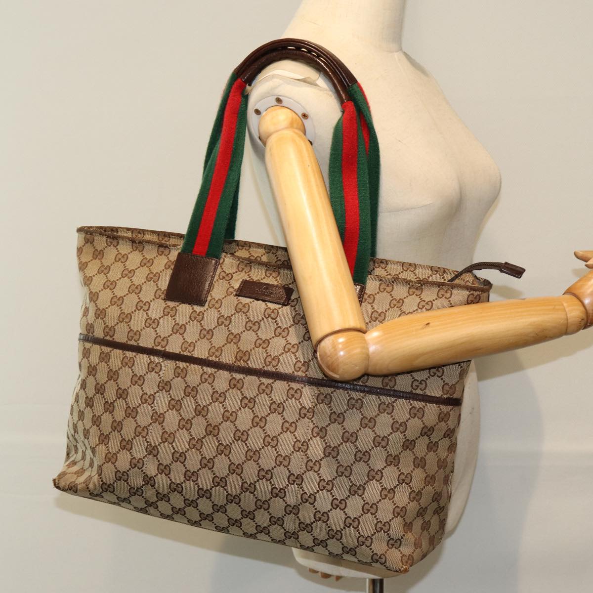 GUCCI GG Canvas Web Sherry Line Tote Bag Beige Red Green 155524 Auth 76844