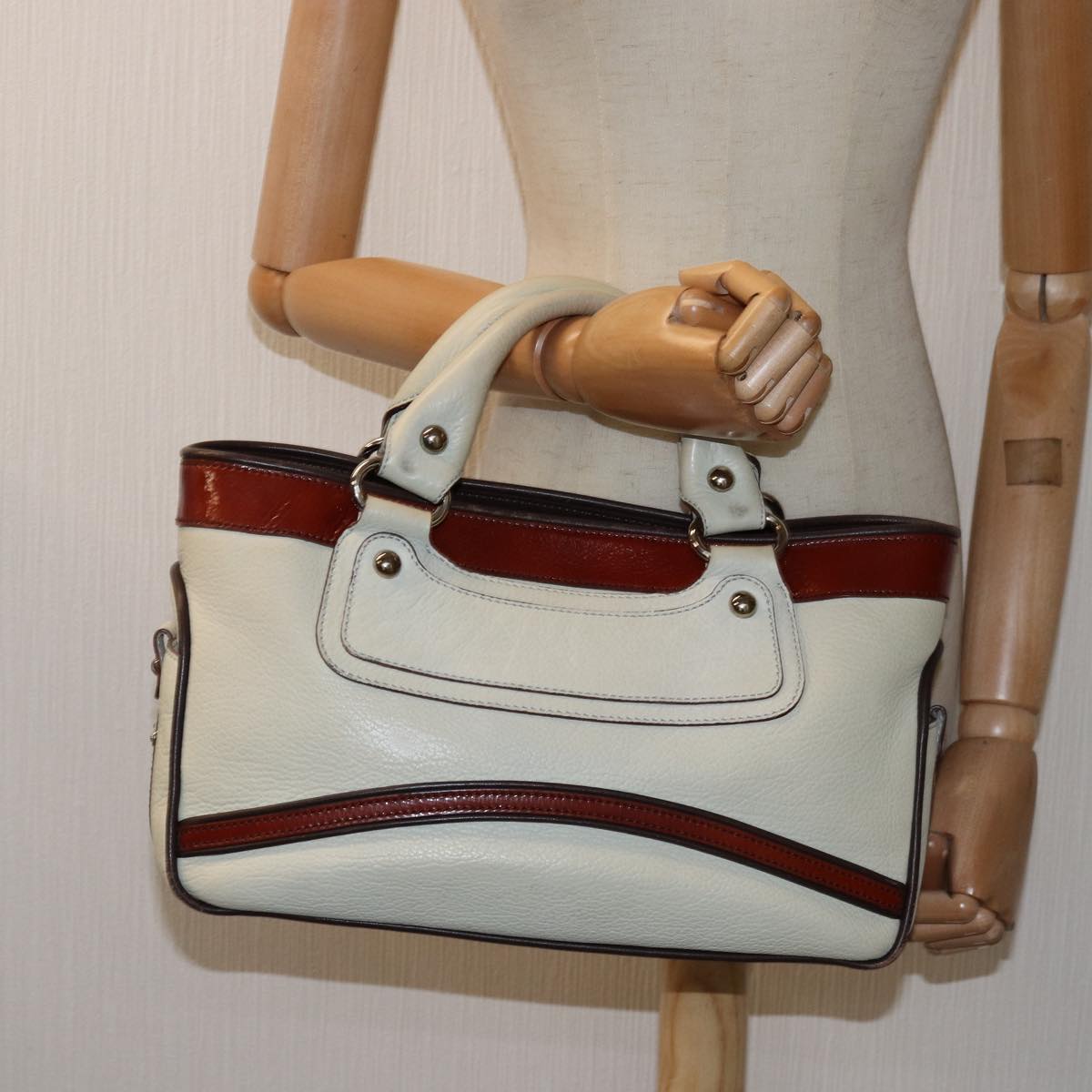 CELINE Hand Bag Leather White Auth 76849