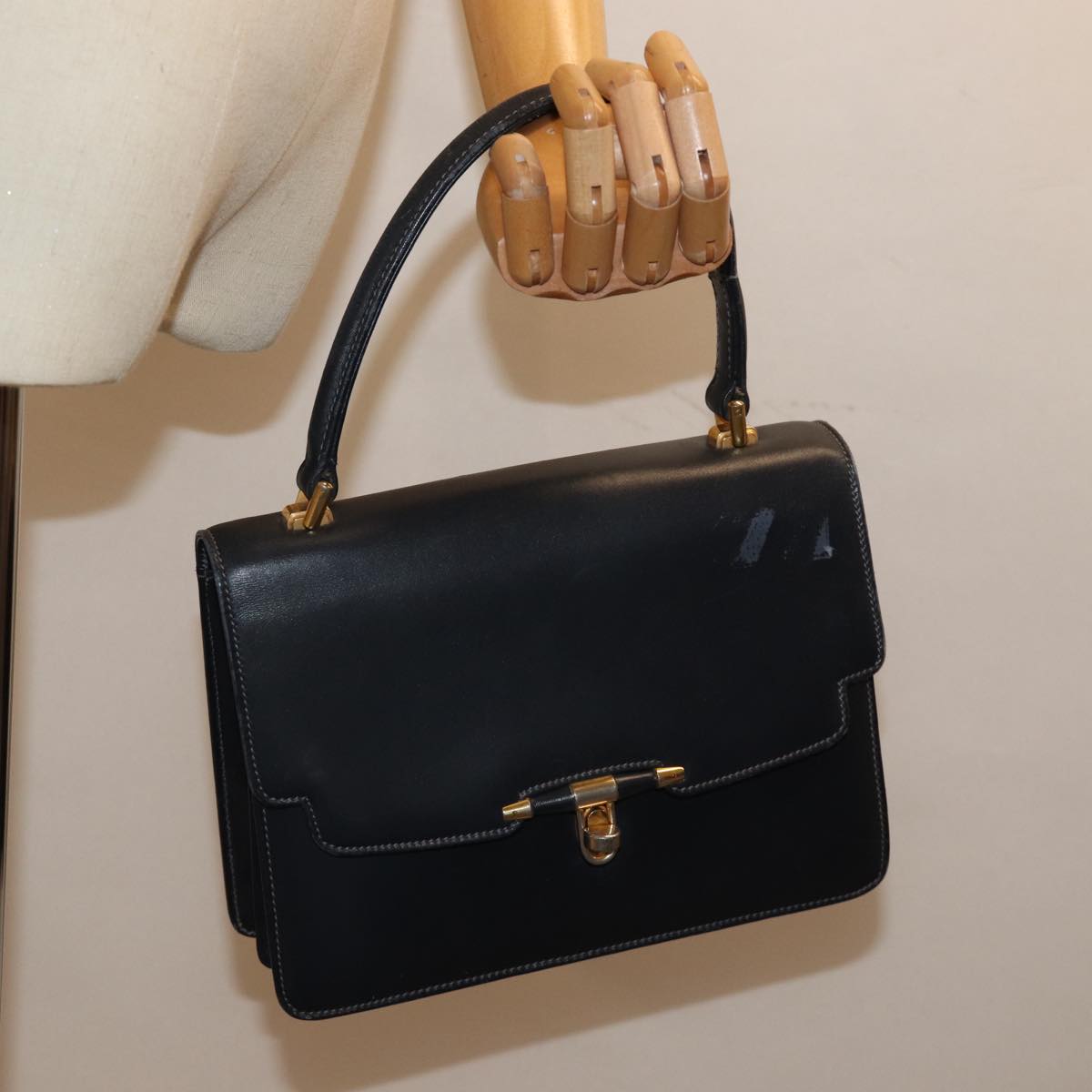 GUCCI Hand Bag Leather Navy Auth 76886