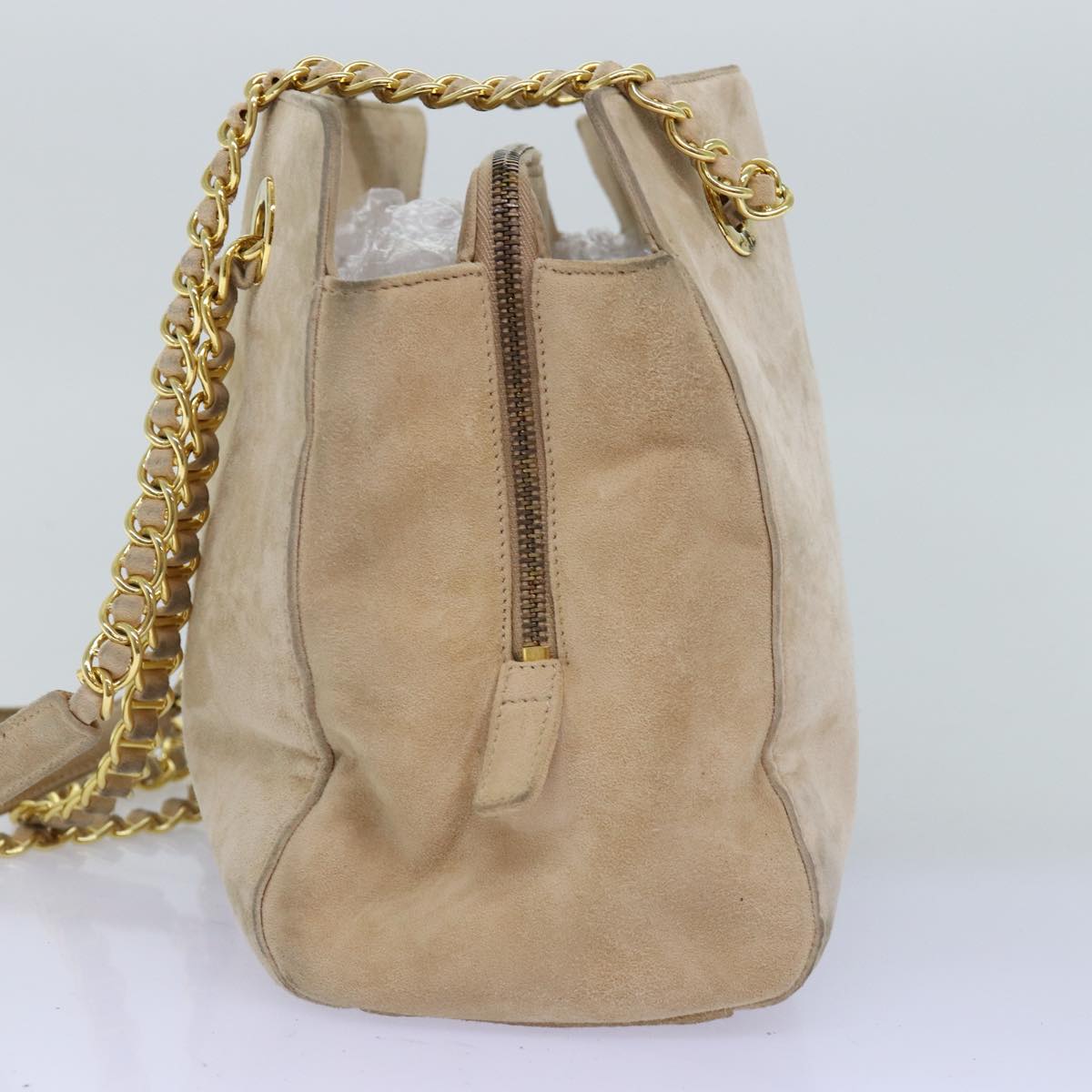 PRADA Chain Shoulder Bag Suede Beige Auth 76982