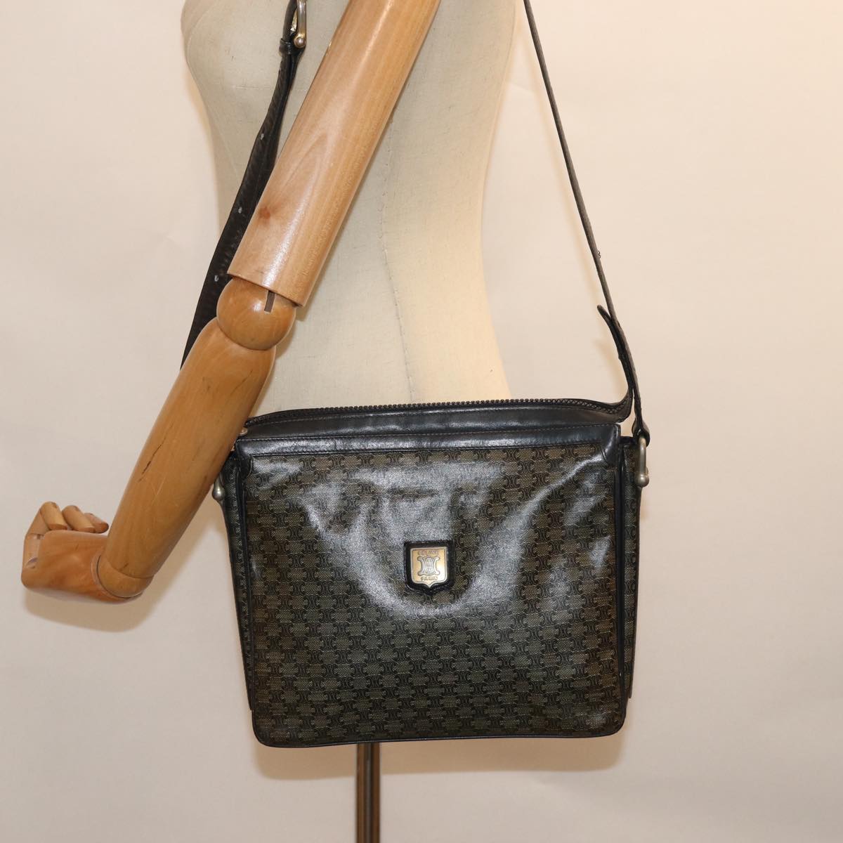 CELINE Macadam Canvas Shoulder Bag Black Auth 76994