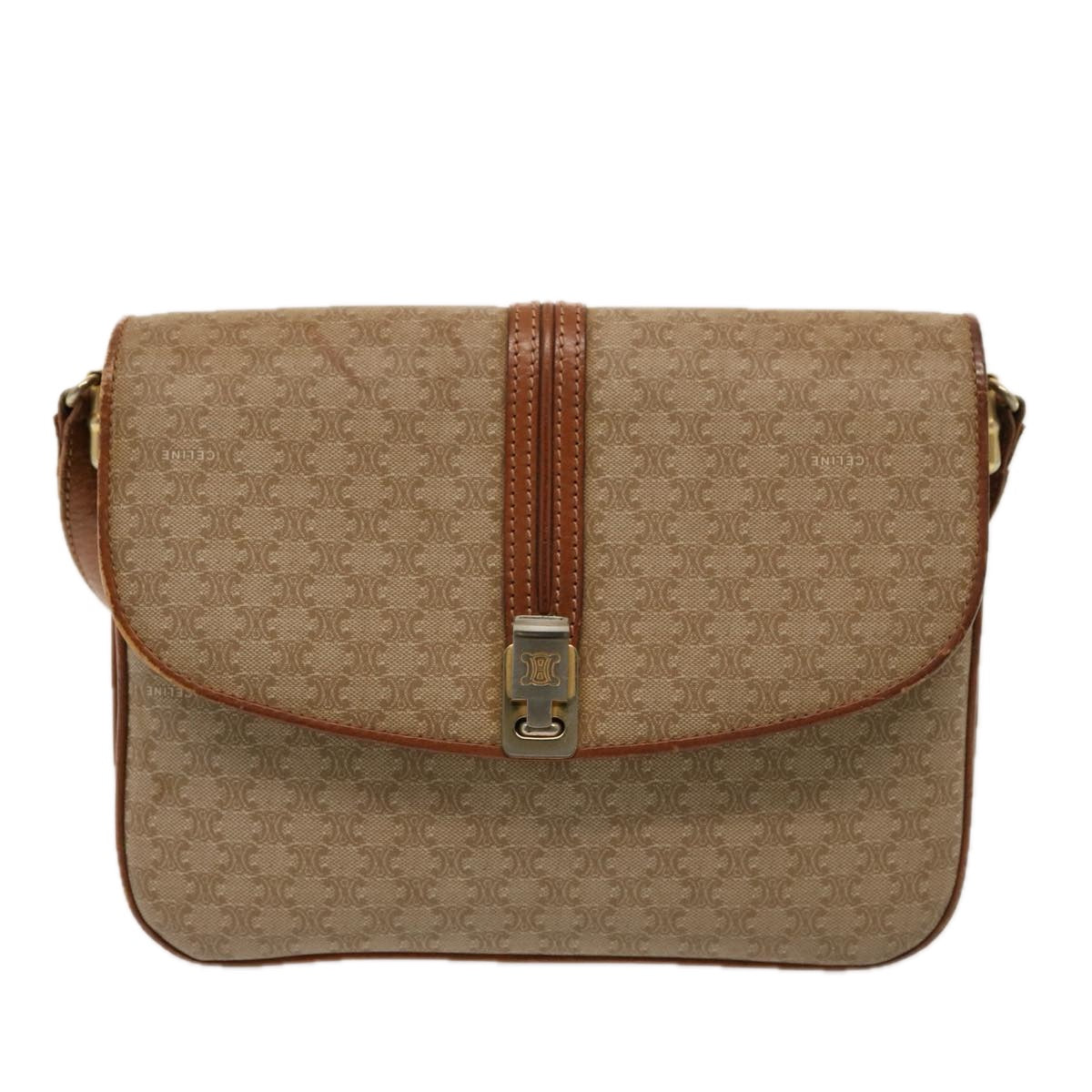 CELINE Macadam Canvas Shoulder Bag Beige Auth 76996