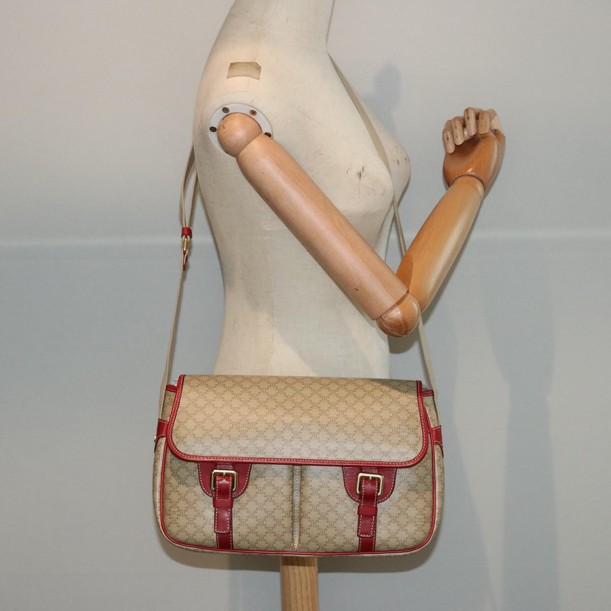 CELINE Macadam Canvas Shoulder Bag Beige Auth 76998