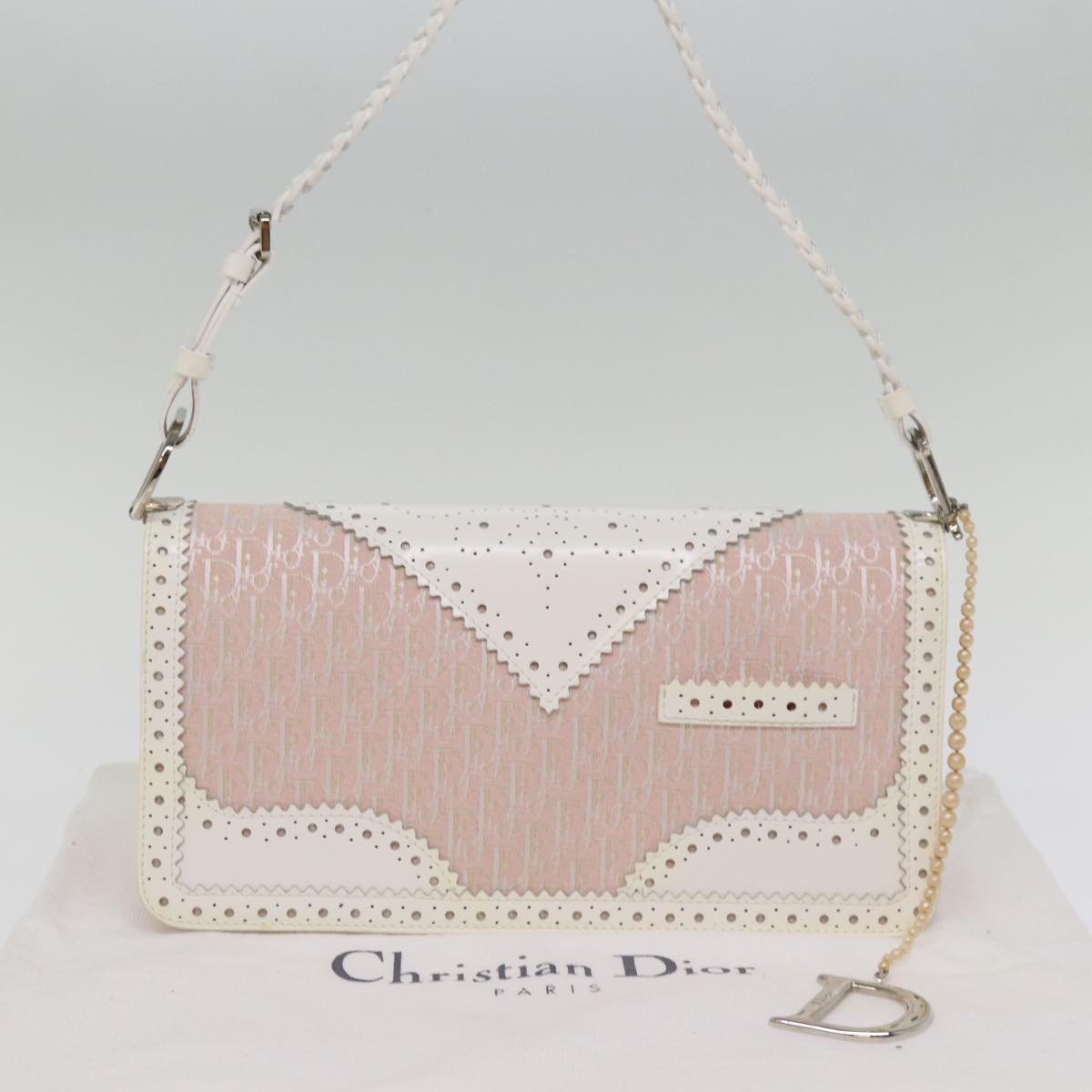 Christian Dior Trotter Canvas Shoulder Bag Pink Auth 77002A