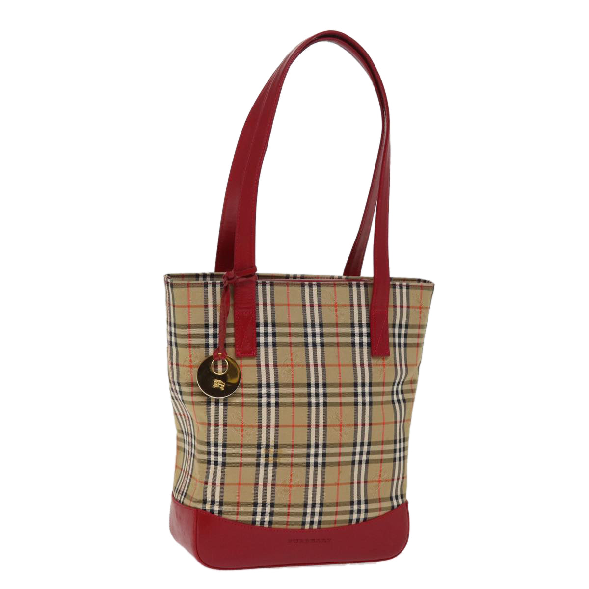 BURBERRY Nova Check Hand Bag Canvas Beige Red Auth 77010