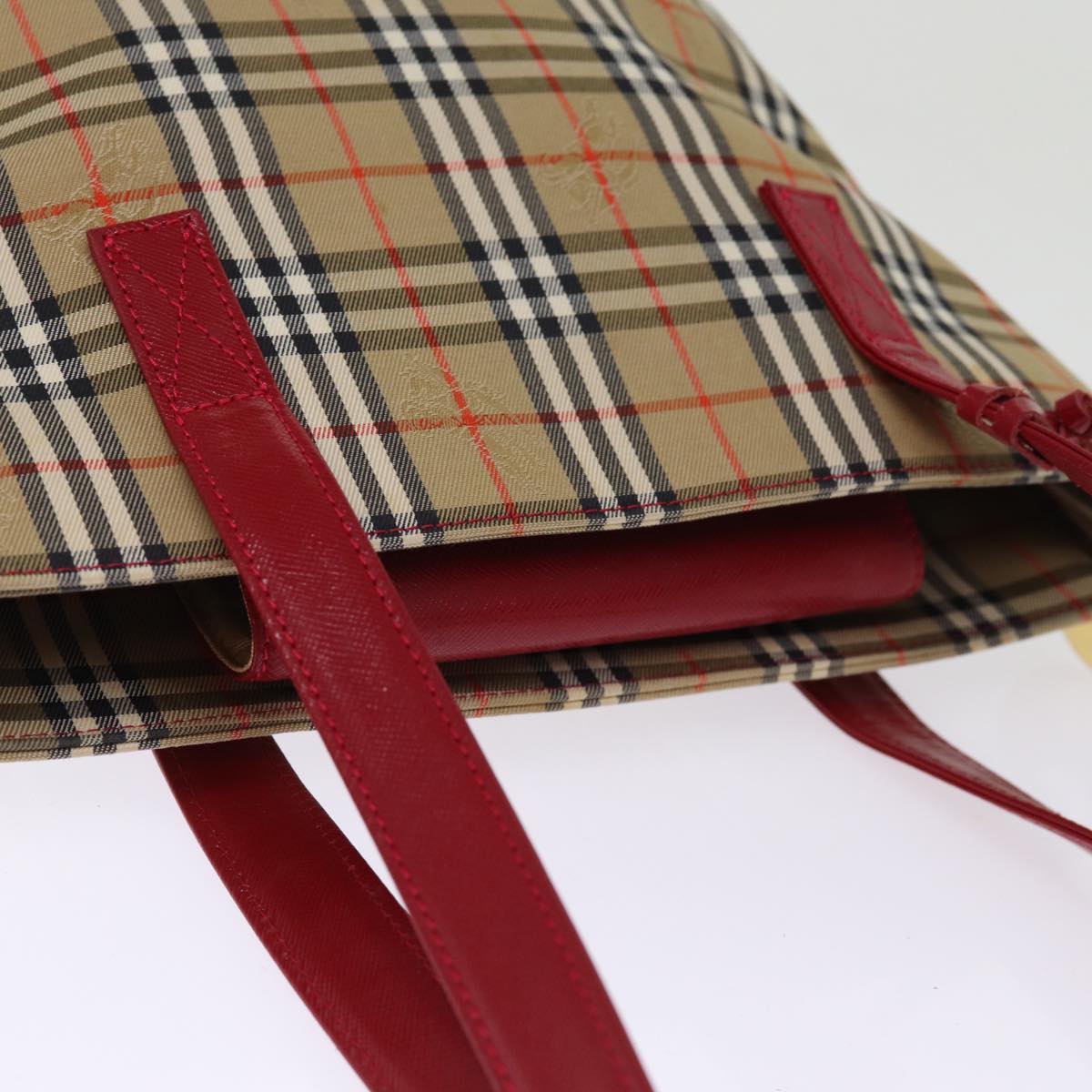 BURBERRY Nova Check Hand Bag Canvas Beige Red Auth 77010