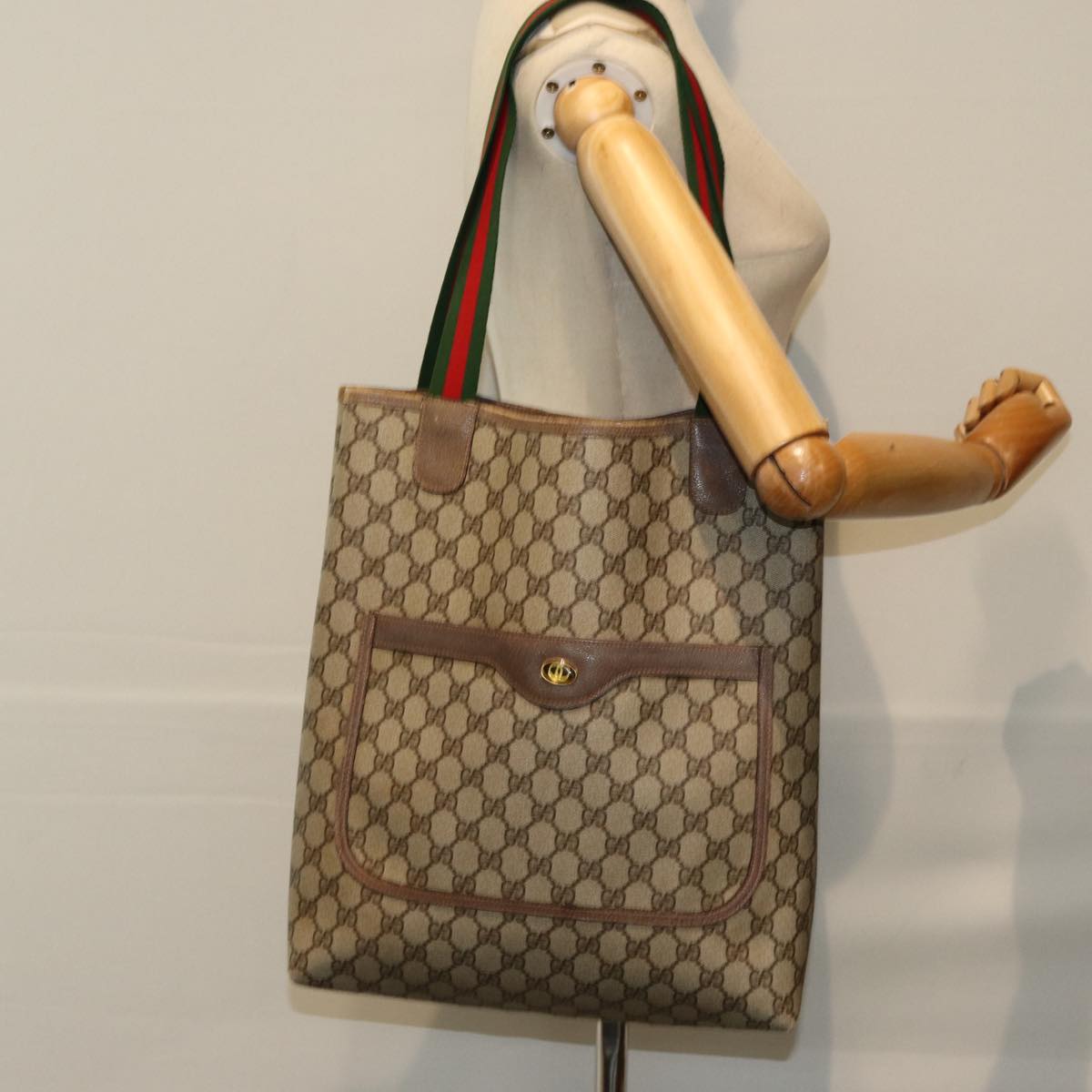 GUCCI GG Supreme Web Sherry Line Tote Bag PVC Beige Red 39 02 003 Auth 77016