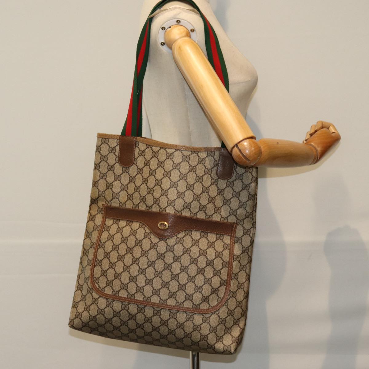 GUCCI GG Supreme Web Sherry Line Tote Bag PVC Beige Red 89 02 003 Auth 77019