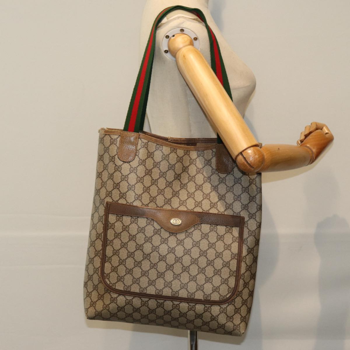 GUCCI GG Supreme Web Sherry Line Tote Bag PVC Beige Red 3902 003 Auth 77024