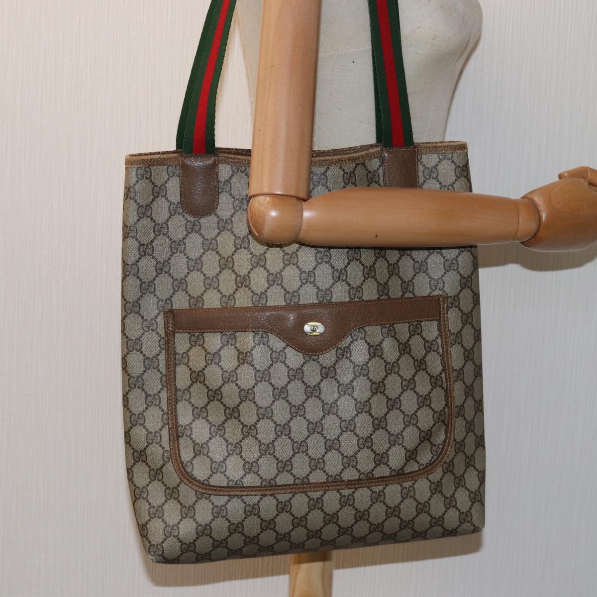 GUCCI GG Supreme Web Sherry Line Tote Bag PVC Beige Red 39 02 003 Auth 77025