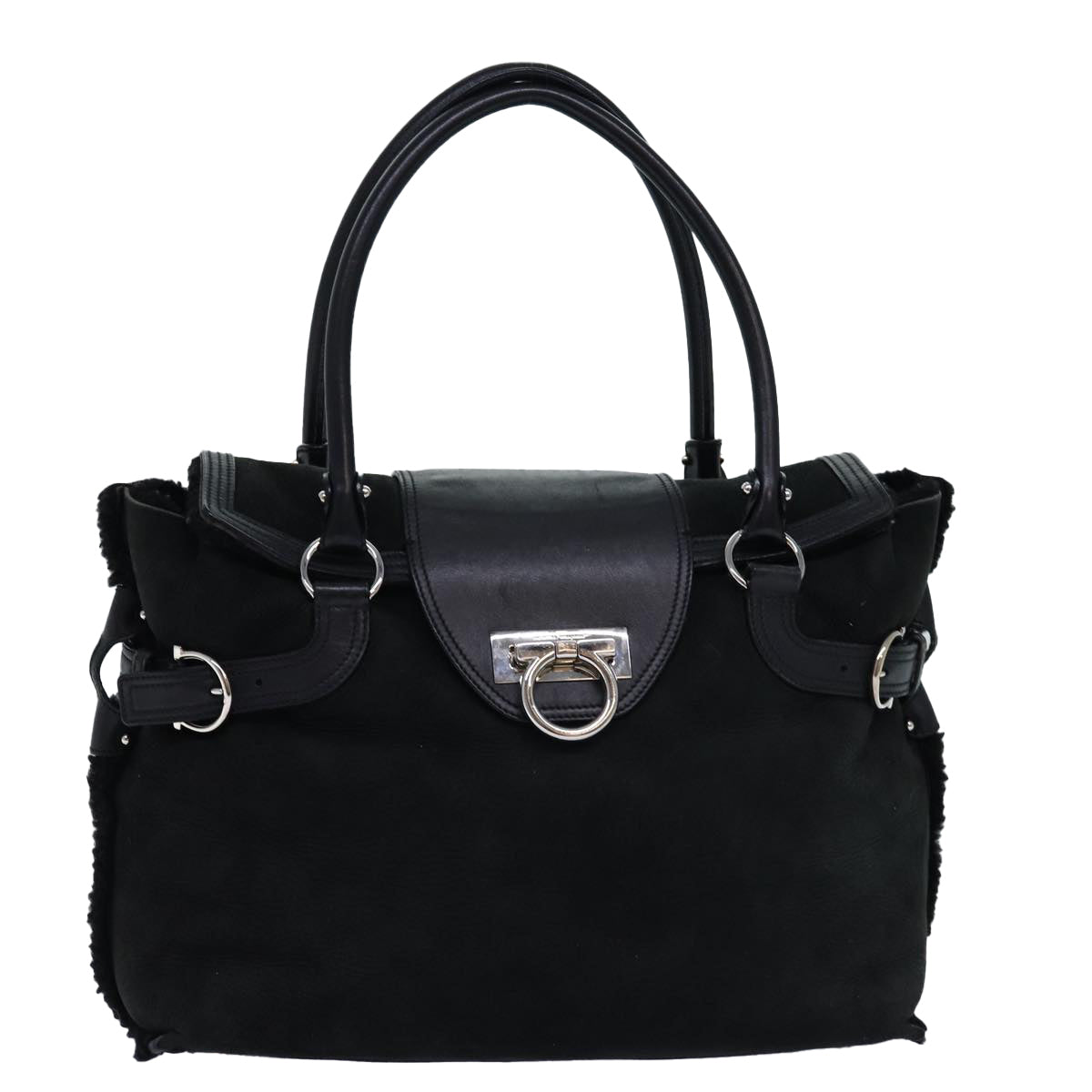 Salvatore Ferragamo Gancini Hand Bag Suede Black Auth 77038